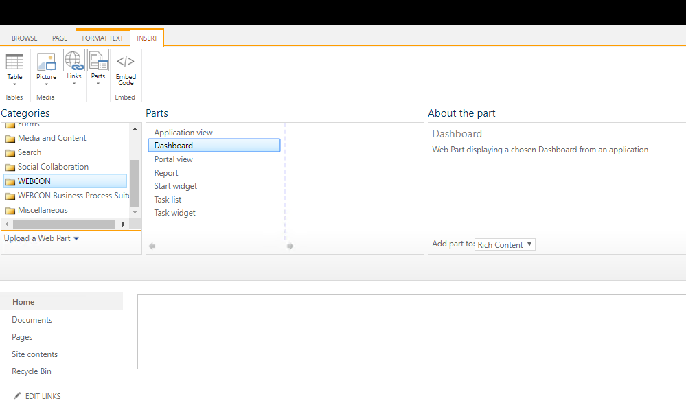 The image shows adding the dashboard to SharePoint